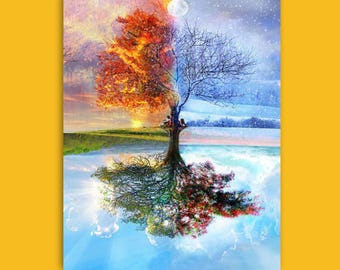 Kit de peinture à numéros pour adultes Kit de peinture Arbre des saisons Cadeau d'anniversaire Activité de détente Peinture de la nature 35