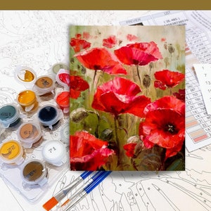 Kit di pittura con i numeri per adulti, papaveri rossi fai da te, pittura acrilica, campo di papaveri, regalo di Natale per pittori, fan da colorare con i numeri 13