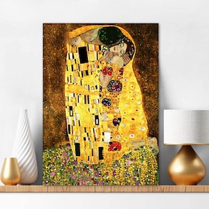Cross Stitch Kit, The Kiss By Klimt Stamped Cotton Canvas | DMC Floss, Multiple Sizes, 11-16CT - Digital Pattern Option