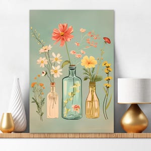 Kit de pintura por números para adultos: Flores silvestres em potes com fundo menta. Kit de pintura acrílica faça você mesmo. Arte de parede com tema da natureza. Presente para artesãos. Casa 24 horas.