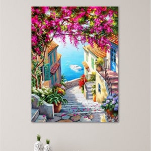 Kit per dipingere con i numeri, per adulti, Santorini Street, Grecia, Mediterraneo, pittura acrilica con i numeri, isola di Santorini, regalo di viaggio per artigiani 119