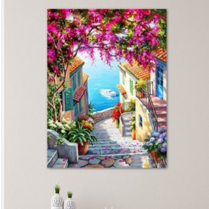 Kit per dipingere con i numeri per adulti Santorini Street Grecia Mediterraneo Pittura acrilica con i numeri Santorini Regalo di viaggio per artigiani 119 Premium