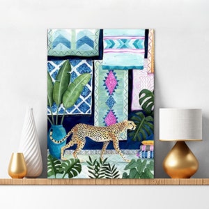 Paint By Numbers Kit For Adults Cheetah and House Plants Naive Art Painting By Numbers Kit Blue Wall Art Jungle Animals 200 Premium