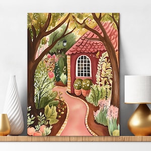May include: A vertical wall art print featuring a watercolor illustration of a cottage with a red roof and arched window. A pink path leads to the entrance, surrounded by lush green trees, potted plants, and colorful flowers in a garden setting.
