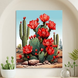 Kit per dipingere con i numeri per adulti: cactus con fiori rossi, dipingere con i numeri, attività di consapevolezza fai da te, piante succulente, pittura acrilica 138