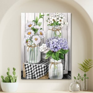 Kit di pittura con i numeri per adulti Fiori bianchi e lilla su barattoli di vetro Kit di pittura Cottagecore Aesthetics Margherite e ortensie Regalo 102 Premium
