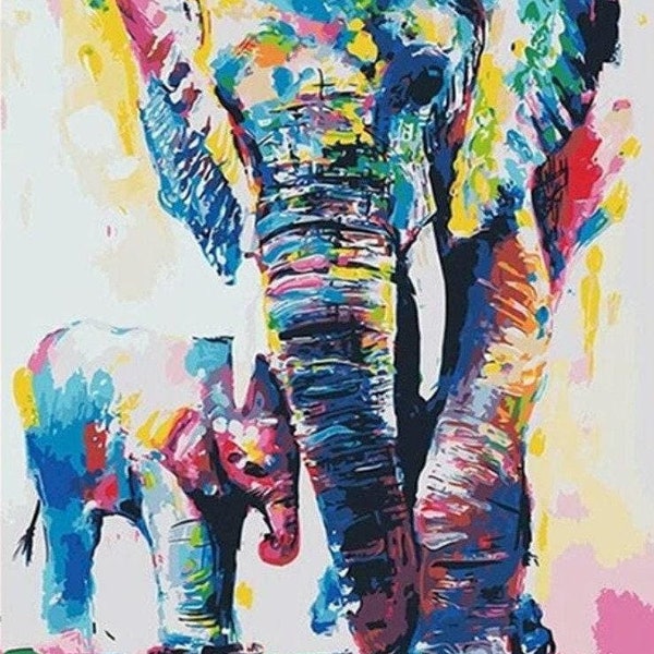 Kit de peinture de famille d'éléphants Paint By Numbers - Mère et bébé ou Mère et fils - 62