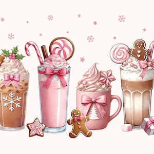 May include: A digital illustration featuring four holiday-themed beverages in glasses and a mug, decorated with pink bows, whipped cream, gingerbread cookies, candy canes, lollipops, and star-shaped treats, accented by small pink snowflakes.
