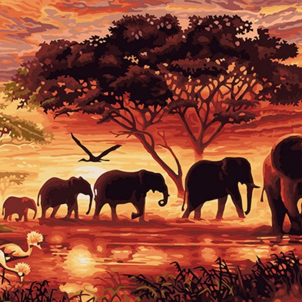 Peinture à numéros pour adultes - Kit de peinture Éléphants au lever du soleil - 32