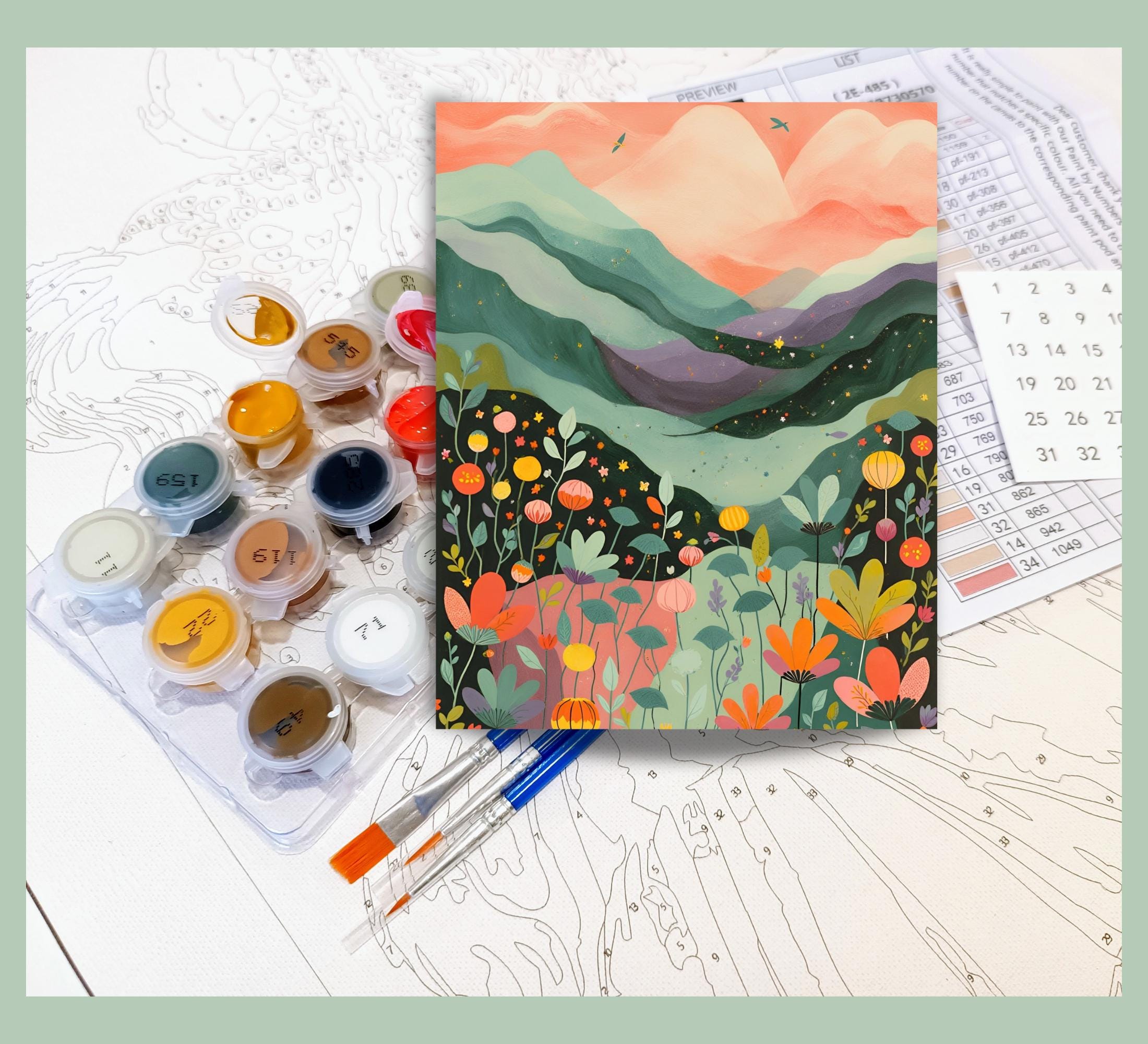 Flower Paint by Numbers for Adults Mint Mountains Landscape Painting ...