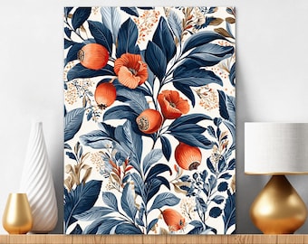 Puede incluir: Un cuadro rectangular con un patrón botánico de bayas y flores de color naranja vibrante sobre hojas y tallos de color azul marino intenso con un fondo crema. El diseño muestra una disposición densa de follaje y frutos.