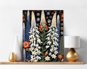 May include: A rectangular wall art print featuring a dense botanical illustration of tall white and blue lupine flowers against a black background, accented with smaller orange and white blossoms, displayed on a shelf between two decorative lamps.