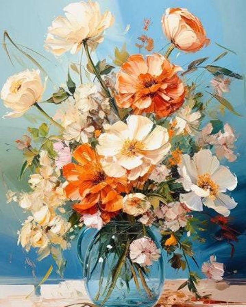 Flower Paint By Numbers for Adults Orange and White Flower Bouquet on a Blue Background Painting By Number Kit Gift for Wife 202 image 3