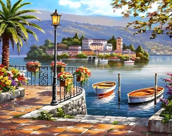 Paint By Numbers Kit for Adults Mediterranean Landscape Acrylic Painting Wall Art Painting Kit Gift for Mom Xmas Gift Set For Crafter 11B