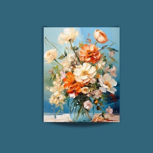 Flower Paint By Numbers for Adults Orange and White Flower Bouquet ob a Blue Background Painting By Number Kit Gift for Wife 202