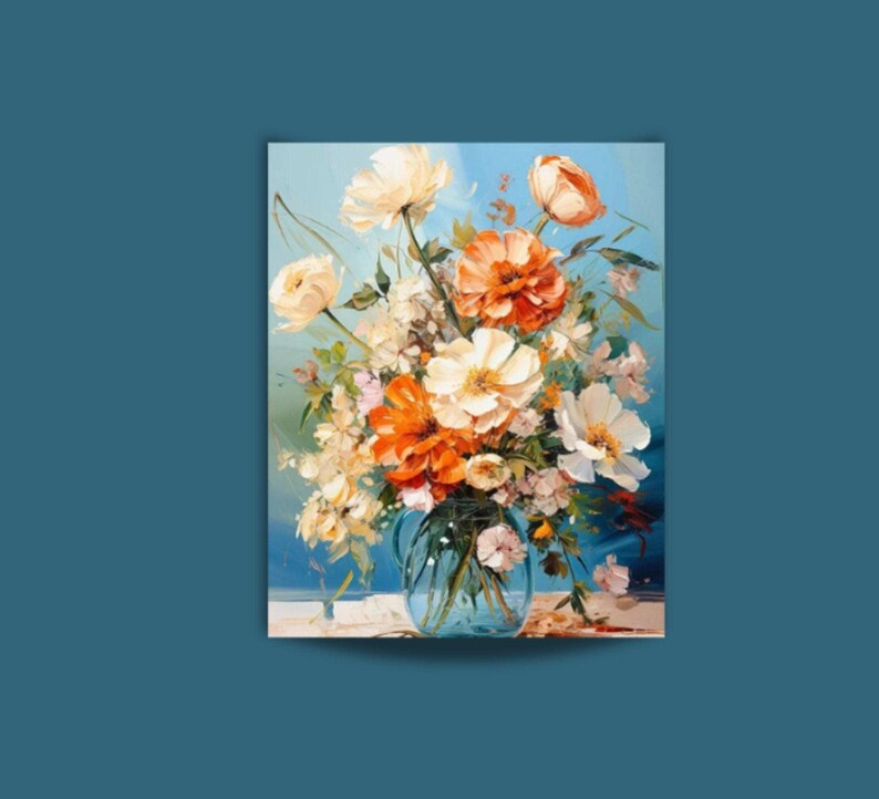 Flower Paint By Numbers for Adults Orange and White Flower Bouquet ob a Blue Background Painting By Number Kit Gift for Wife 202