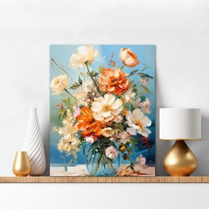May include: A painting of a bouquet of flowers in a blue vase. The flowers are a mix of white, orange, and pink. The background is a light blue color.