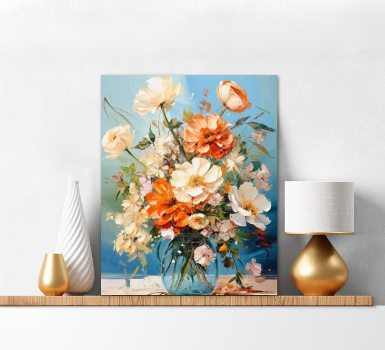 May include: A painting of a bouquet of flowers in a blue vase. The flowers are a mix of white, orange, and pink. The background is a light blue color.
