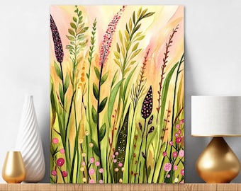 Diamond Painting Kit, Green and Pink Whimsical Watercolor Wildflower Meadow 785