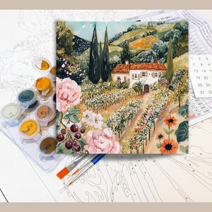 a painting of a picturesque countryside scene with a house surrounded by lush greenery, flowers, and trees. The painting is set against a backdrop of a vineyard, and the artist has used various colors to depict the vibrant and detailed landscape.