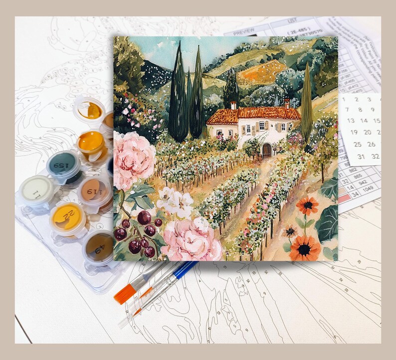 a painting of a picturesque countryside scene with a house surrounded by lush greenery, flowers, and trees. The painting is set against a backdrop of a vineyard, and the artist has used various colors to depict the vibrant and detailed landscape.