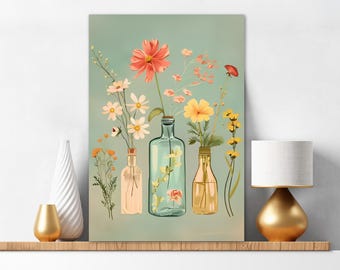 May include: A vertical wall art print featuring a light sage green background with three glass bottles containing various wildflowers. The flowers include large coral-pink cosmos, small white daisies, and yellow blossoms with green stems and leaves.