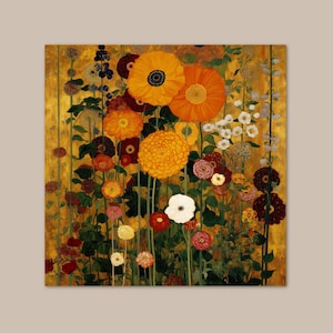 May include: A square art print featuring a dense garden of flowers in shades of orange, yellow, white, and deep red against a metallic gold background. The composition includes various blooms on thin green stems, creating a layered floral display.