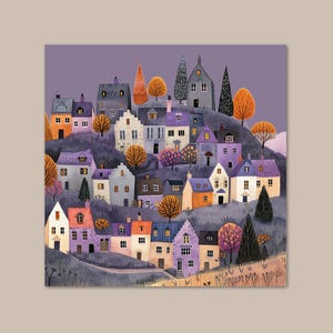 Kit per dipingere con i numeri per adulti: Villaggio di casette minuscole in viola e arancione, kit di pittura acrilica, decorazione murale di Halloween, attività di Halloween 379