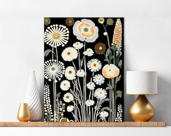 May include: A rectangular wall art print featuring a botanical illustration of various white, cream, and orange flowers with thin green stems against a solid black background. The floral arrangement includes daisy-like blooms and tall spikes.