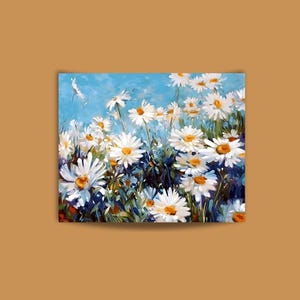 May include: A rectangular painting featuring a field of white daisies with yellow centers against a bright blue sky. The artwork uses visible brushstrokes to depict the flowers at various heights, creating a textured and layered floral composition.