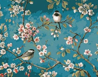 May include: A painting featuring two small birds with black and white markings perched on brown branches. The branches are covered in clusters of light pink and white blossoms with green leaves, all set against a solid teal blue background.