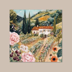 A painting depicting a picturesque countryside scene with a white house surrounded by lush greenery, flowers, and trees.