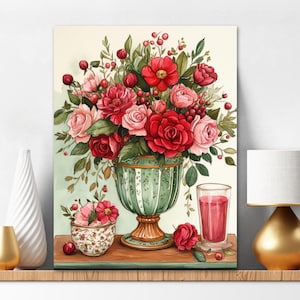 Paint By Numbers Kit Adult, Red and Pink Roses in a Ceramic Pot, Flower Arrangement Painting Kit, Vibrant Floral Wall Art 493