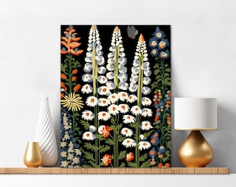 May include: A rectangular wall art print featuring a vertical botanical illustration on a black background. The artwork displays tall white lupine flowers, orange blossoms, yellow daisies, and blue floral clusters with a small grey butterfly.