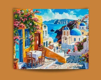 Kit de pintura por números para adultos: cena de rua em Santorini, arte das ilhas gregas, conjunto de tinta acrílica para viagem, presente 171