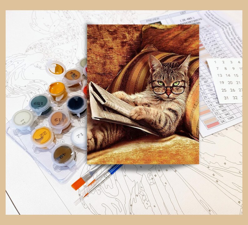 Paint by Numbers for Adults Cute Cat With Glasses Diy Painting Kit ...
