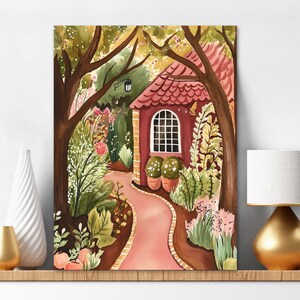 Kreuzstich-Set, Motiv: Gartenweg im Landhausstil, Haus mit rotem Dach, bedruckte Baumwollleinwand, DMC-Stickgarn, verschiedene Größen – auch als digitale Stickvorlage erhältlich