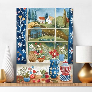 Paint By Numbers for Adults Folk Art Window View with Village Scene, Red and Blue Set 1453