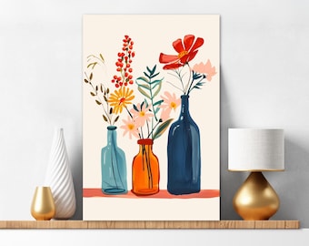 May include: A vertical wall art print featuring a light cream background with three glass bottles in blue, orange, and dark blue. The bottles contain a colorful arrangement of red, yellow, and pink flowers with green stems and leaves on a flat surface.