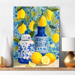 Malen nach Zahlen Kit für Erwachsene Zitronen und blaue Chinoiserie-Töpfe, Zitronenbaum Einfach Gelb Blau Acrylmalerei-Set Obst und Blumen 450
