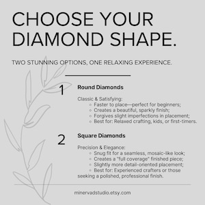 The image is a single image with two sections, each featuring a different type of diamond shape. The first section displays round diamonds, while the second section shows square diamonds.