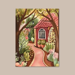 May include: Watercolor painting of a garden path leading to a red cottage with a white window. Lush greenery and trees frame the path, with pink and green foliage. Two potted plants sit near the cottage entrance. A charming, whimsical scene.