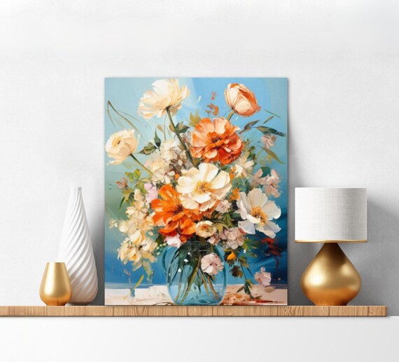 Flower Paint By Numbers for Adults Orange and White Flower Bouquet on a Blue Background Painting By Number Kit Gift for Wife 202