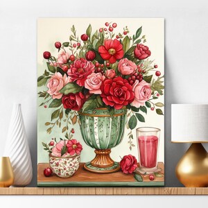 Diamantschilderijset rode en roze rozen in een keramische pot, bloemstuk 493