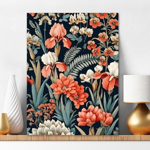 May include: A rectangular wall art print featuring a dense botanical pattern of coral-orange irises, white flowers, and small orange blossoms set against a dark navy blue background, accented by muted sage green fern-like foliage and leaves.