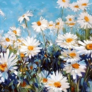 Kit per dipingere con i numeri i fiori per adulti, dipingere margherite, fiori, paesaggio, tela acrilica, bianco e blu, natura, regalo di Natale, attività di consapevolezza 05