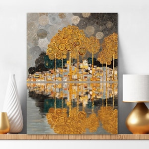 Diamond Painting Kit Klimt Style Gouden Spiraal Bomen Stadsgezicht met reflectie op een grijze ondergrond 2367