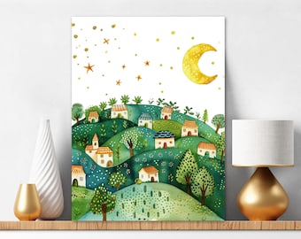 Malen nach Zahlen Kit für Erwachsene Kleine Häuser, Mond und Berge Moderne Malerei Kit Blumen Natur Wand Kunst Geburtstag Geschenk Weihnachten 394