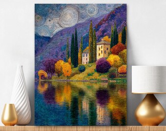 Malen nach Zahlen für Erwachsene, Berglandschaft in lila und gelben Häusern, DIY Painting Kit, Berglandschaft lila Acrylbild 481