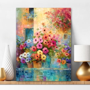 Paint By Numbers Kit For Adults Vibrant Color Ceramic Flower Vases Italian Art, Blue Yellow Painting Kit, Pink Florals Wall Art Set. A vibrant painting of a colorful flower arrangement.